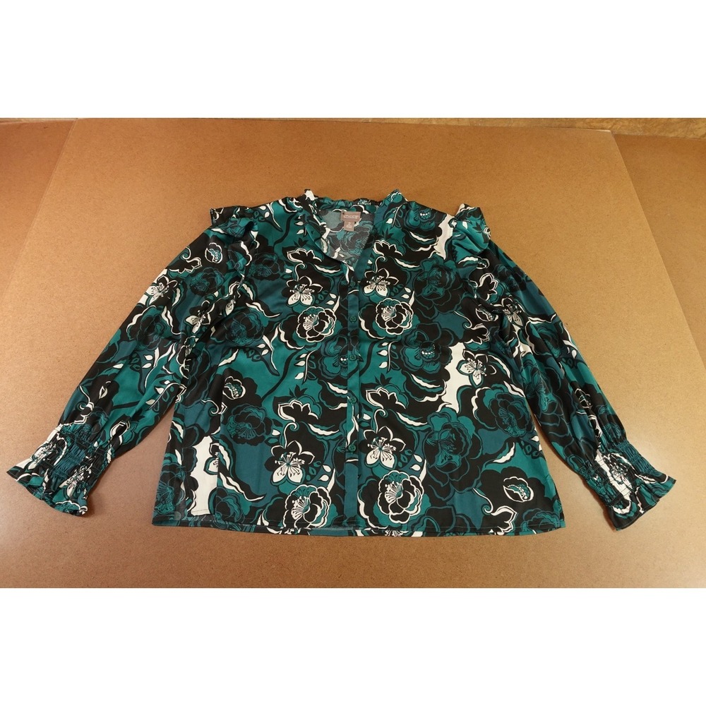 Chico's Womens US 12 Emerald Green‎ Block Bloom Ruffle Notch Neck Blouse Top NWT